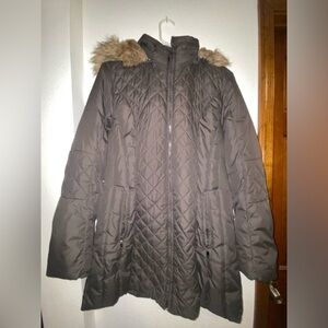 Vtg Esprit Women Black Down Puffer Parka Jacket Faux Fur Hood Button/Zip Close,